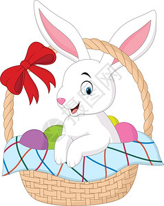 那兔年轻坐在篮子里的卡通兔插画