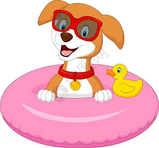 狗垫子带游泳圈的卡通狗插画