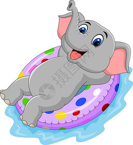 充气垫带游泳圈的卡通大象插画