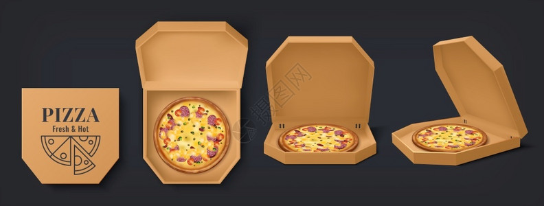 外卖打包盒3个纸板打开和封闭的食品容器空和有披萨矢量包模型设计用于品牌身份认同餐厅交货现实的披萨盒3个纸板打开和封闭的食品容器空和披萨病媒设计图片