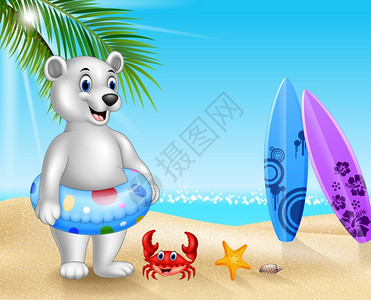 洗澡熊热带海滩带游泳圈的漫画北极熊插画