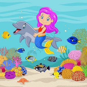 骑海豚的女孩可爱美人鱼骑着海豚在水下插画