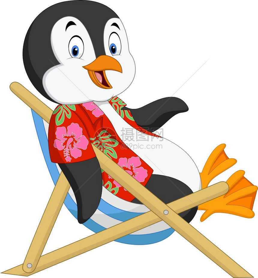坐在沙滩椅上的卡通企鹅图片