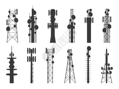 天线塔发射蜂窝塔电视互联网和广播天线卫星信号电塔卫星号电讯塔矢量孤立装置无线电塔光影装置传输蜂窝塔电视和广播天线卫星信号电塔矢量装置插画