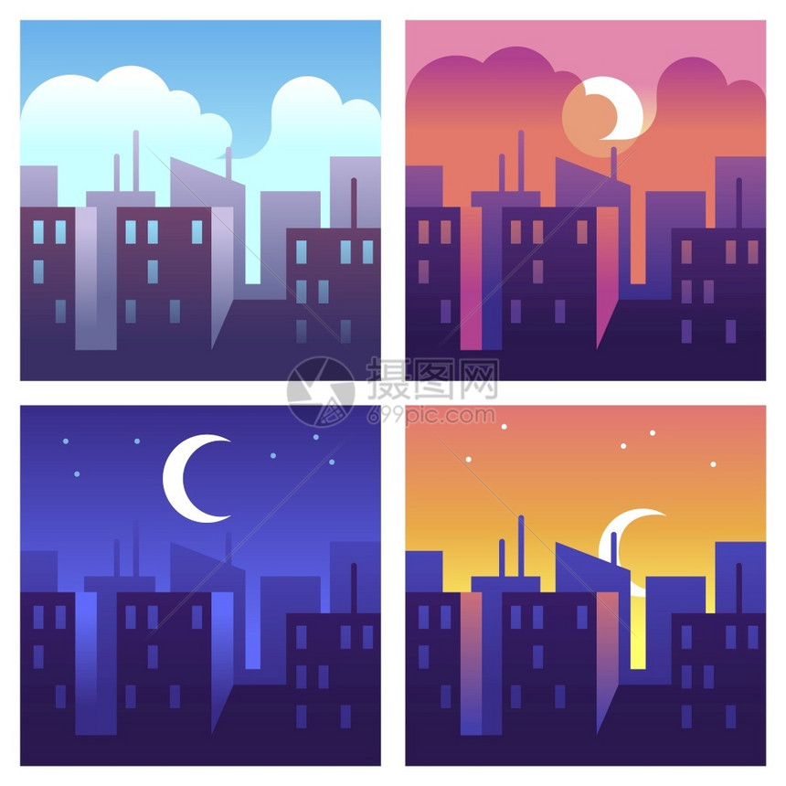 上午和晚上夜间城市风景卡通矢量插画图片