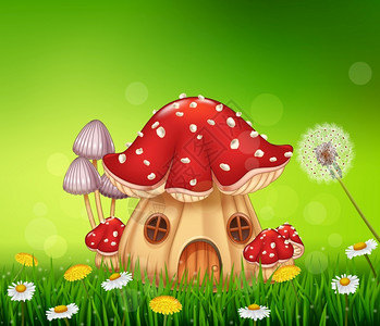 废墟屋美女快乐的蜗牛与美丽蘑菇屋插画