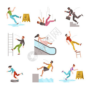 跌下楼梯滑湿摔倒绊脚人受伤危险从椅子上摔下来意外矢量平坦的卡通人物摔下楼梯滑湿或地板意外矢量平坦的卡通孤立人物插画