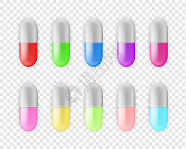 药丸特写以不同颜色收集的药片切合实际的药物或维生素多彩药片或胶在透明背景下隔离的药物病媒设计要素现实的药物或维生素多彩胶片药和以透明背景插画