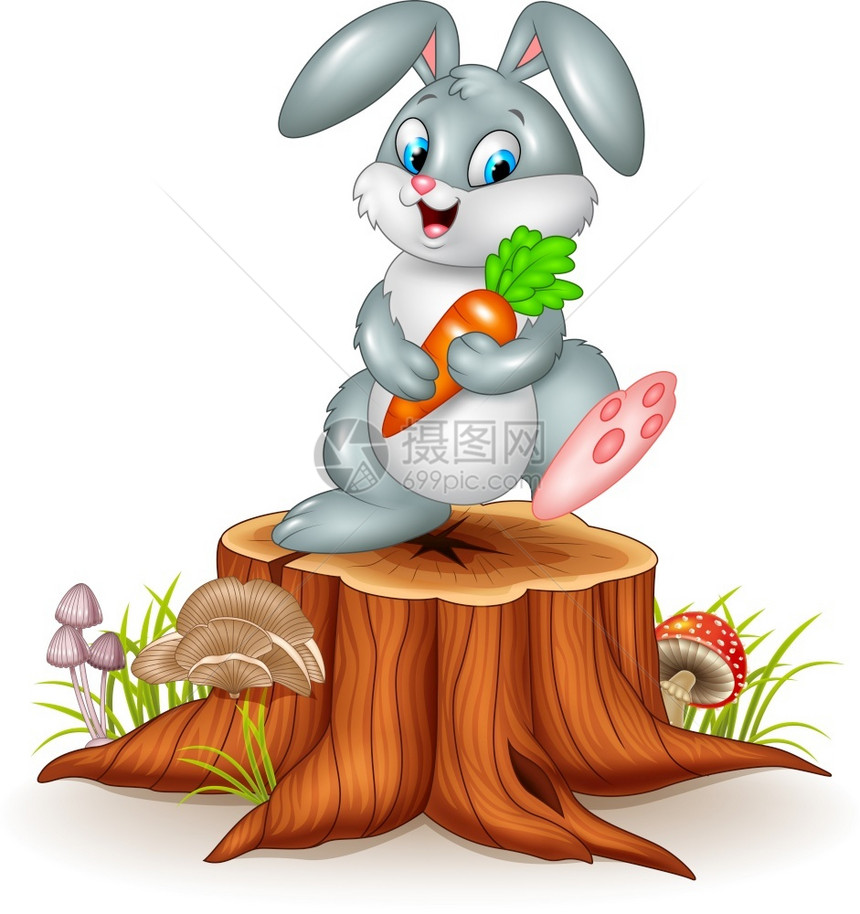 小兔子拿着胡萝卜在树桩上图片