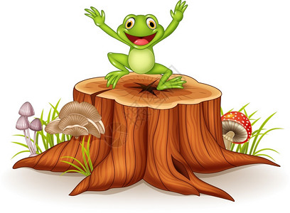 卡通快乐青蛙跳上树桩图片