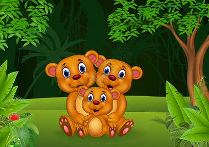 熊爱漫画素材丛林中快乐的棕熊家庭背景
