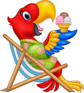 冰淇淋美女坐在沙滩椅上吃冰淇淋的鹦鹉插画