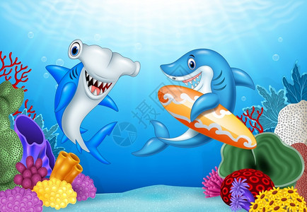 热带水下背景卡通鲨鱼图片