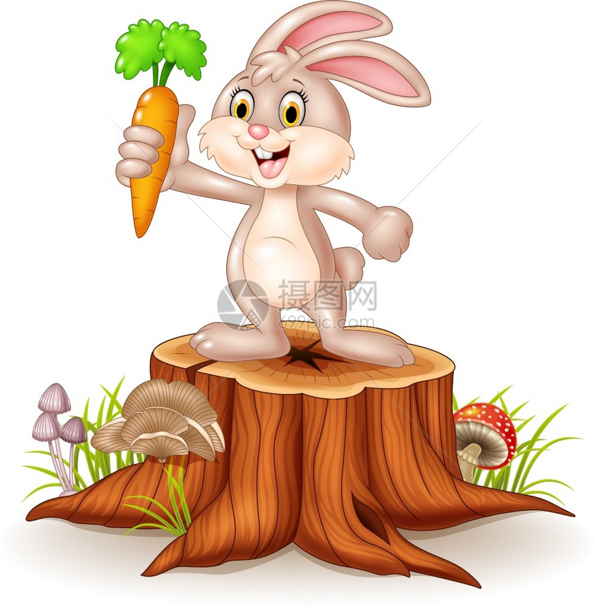 可爱的兔子在树桩上拿着胡萝卜图片