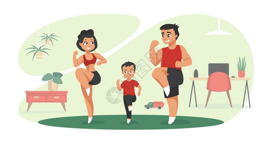 家庭健身室内一家人锻炼插画