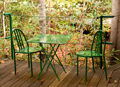 现代钢制桌和木林用椅子图片