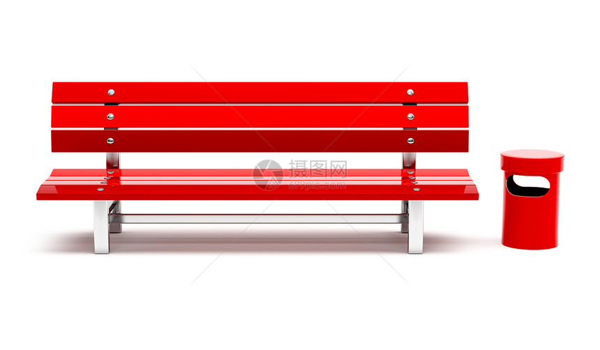 红色长凳和垃圾箱以白色隔离3d插图图片