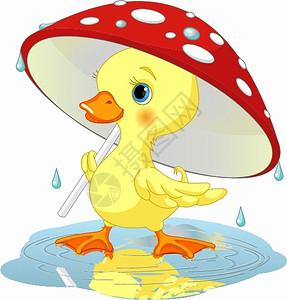 撑起红色伞在蘑菇伞下戴雨具的可爱小鸭子插画