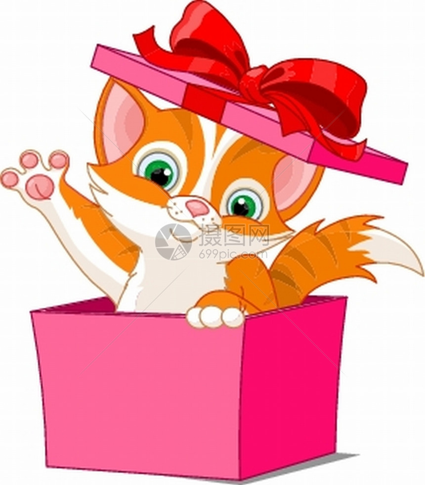 可爱的小猫从礼物盒里跳出来图片