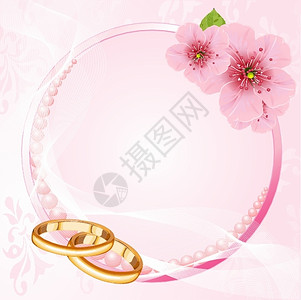 结婚金三件婚环和樱花设计插画