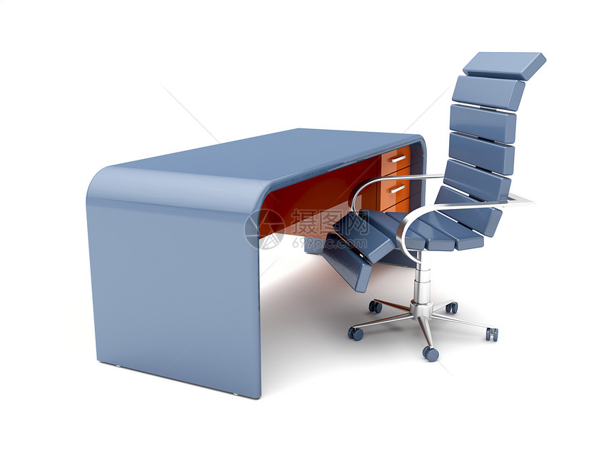 配有最起码设计的办公桌和蓝色椅子图片