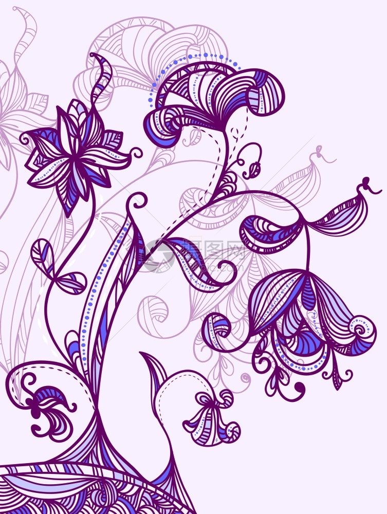 用美丽的手画着蓝色和紫花朵的矢量卡剪短面罩图片
