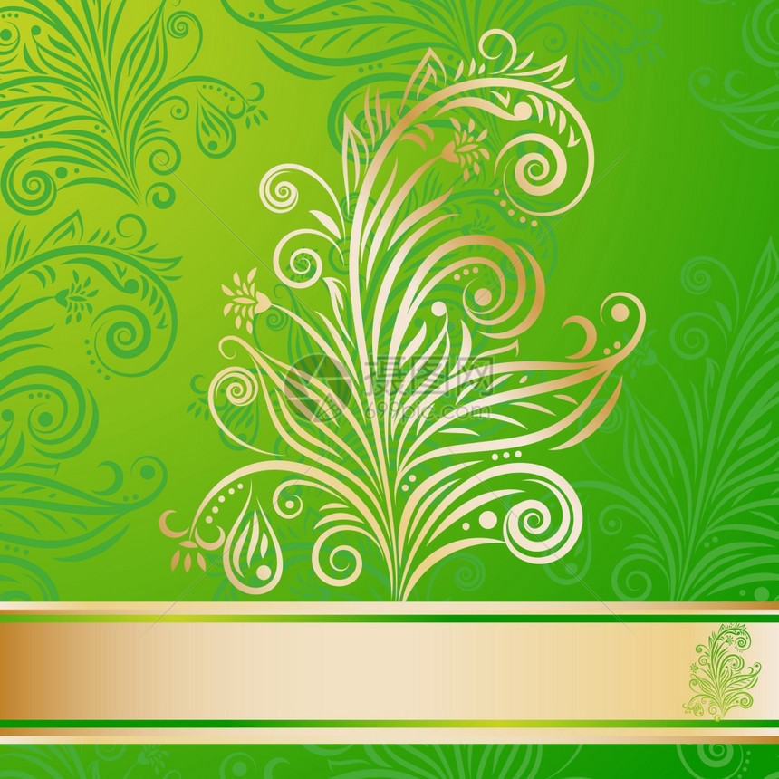 绿色背景的矢量无缝花卉模式带有金单元素和框架图片