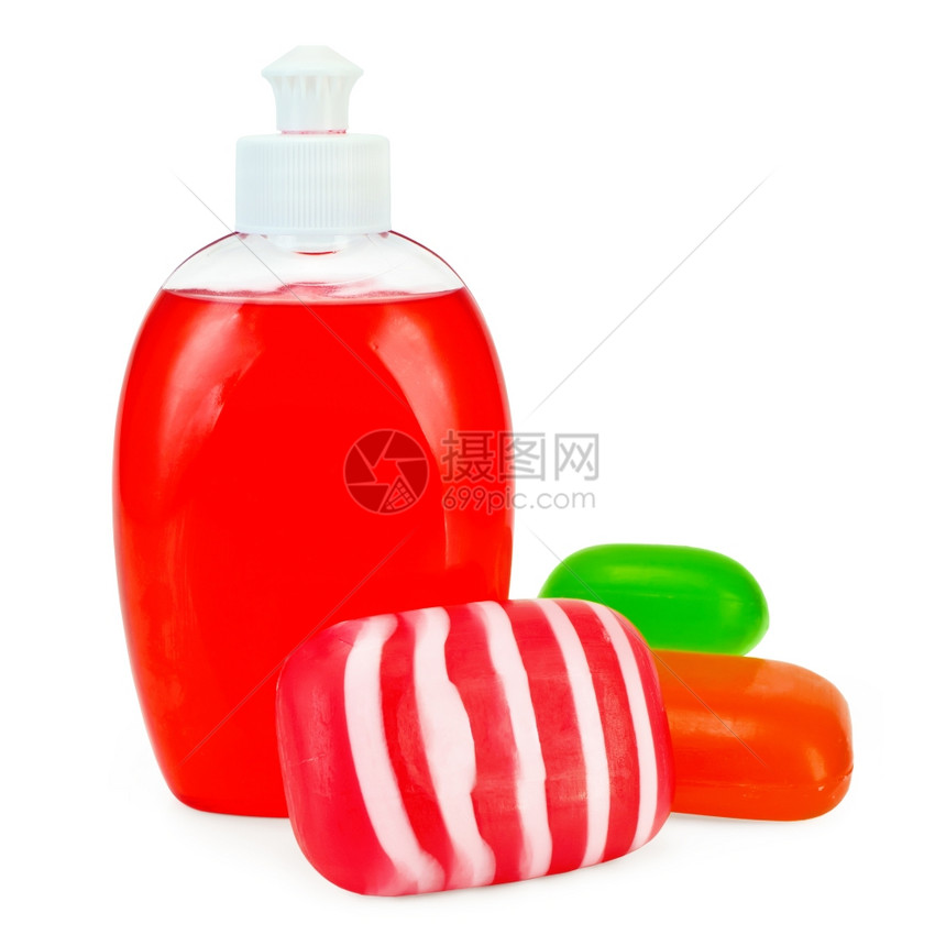 瓶装固体红色绿和白底孤立的色肥皂纯红绿和条纹肥皂中的红色液体肥皂图片