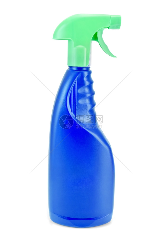 瓶子是蓝色的有洗涤剂或清洁绿色盖子有白背景上隔绝的喷雾图片