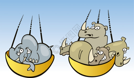 卡通群众大象和犀牛总的漫画插图背景