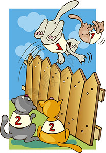 卡通栅栏猫跳过栅栏的插图背景