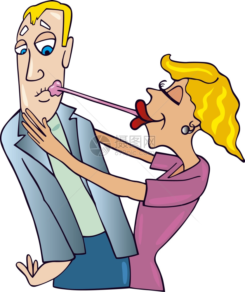 妇女用嚼口香糖亲男人的幽默式插图图片