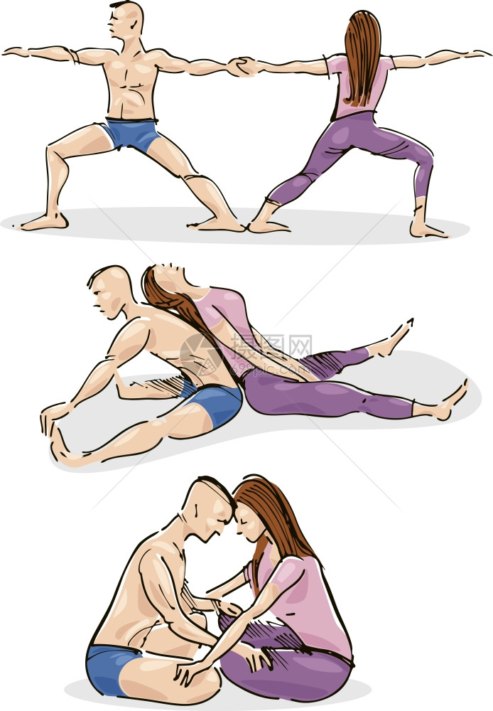 男女在夫妇中做瑜伽的插图图片