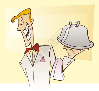 戴帽子卡通快乐的服务员在餐厅特色菜的插图背景
