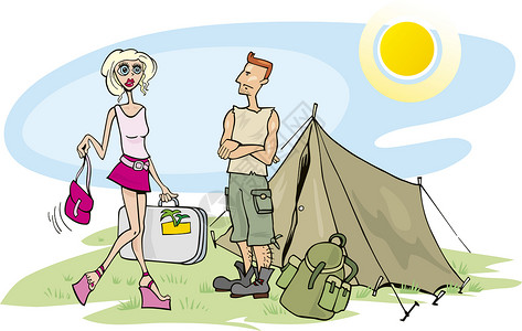 露营矢量露营金发女孩的幽默式插图背景