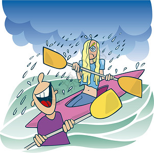 卡通小船以湿的愤怒金发女孩在皮艇恶劣的雨天气和男孩大笑的漫画插图背景