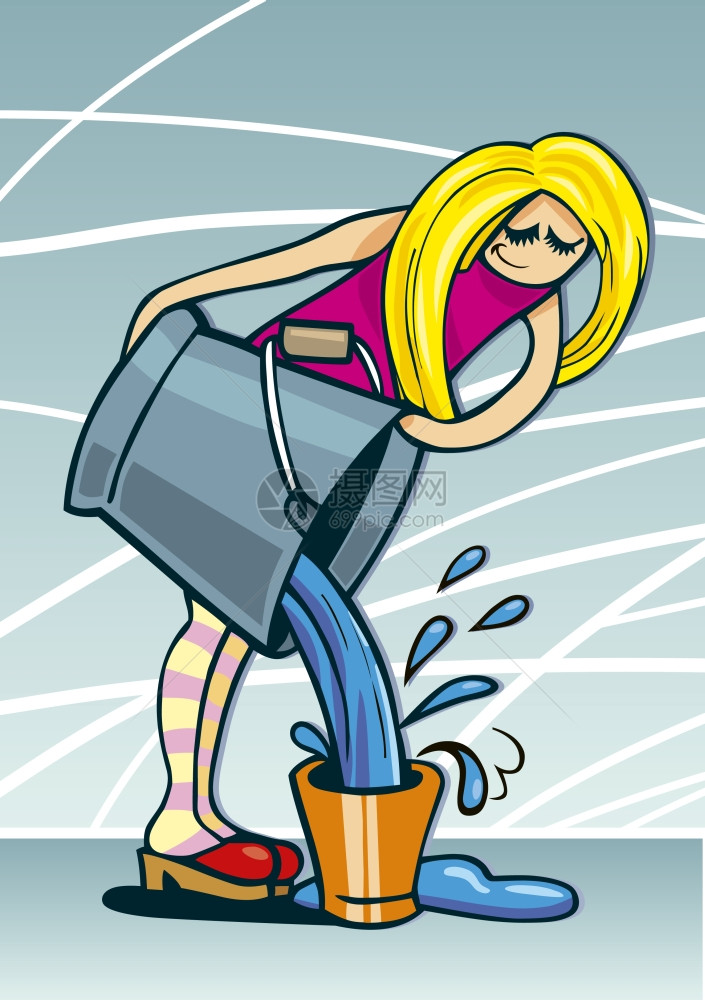 漫画插图可爱金发女孩倒水从大桶到小图片
