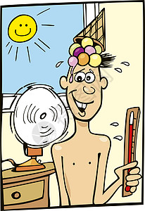卡通风扇说明男孩和热天气背景