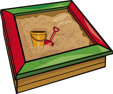 红色铲子玩具带玩具漫画插图的沙箱背景