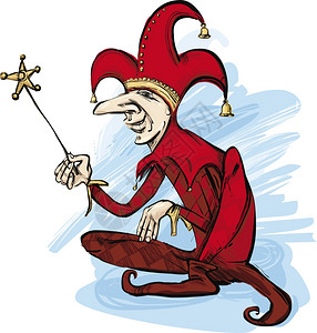 明星卡通红色服装中的法院小丑插图背景