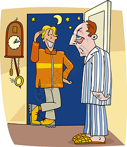时钟小镇卡通男子在半夜拜访的漫画插图背景