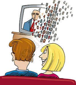 电视卡通以幽默式展示一对夫妇观看数字电视的情侣背景