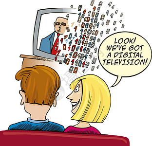卡通电视以幽默式展示一对夫妇观看数字电视的情侣背景