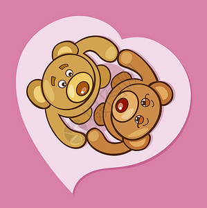 漫画插图两只泰迪熊在爱中的心形图片
