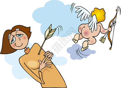 卡通天使之翼描述爱中的女被小斗箭击中的插图背景
