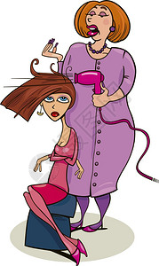 吹头发卡通母亲和女儿的插图背景