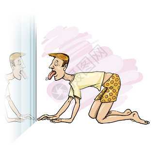 卡通短裤用幽默的插图来说明人用镜子看他的舌头背景