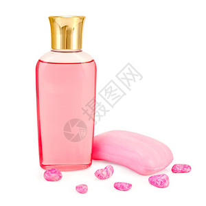 粉红色淋浴胶肥皂浴盐的瓶装粉红色淋浴胶盐均以白色背景隔离图片