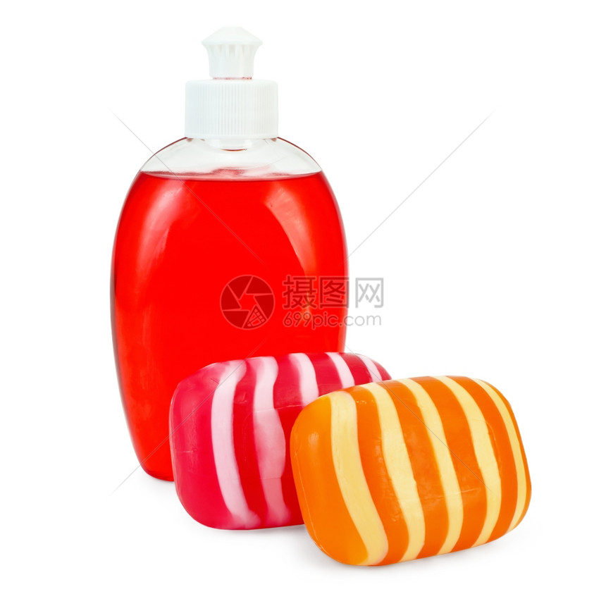 白底隔离在的瓶装固体红肥皂和橙色条纹中的红色图片