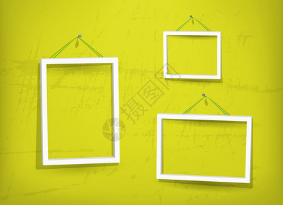 黄色旧墙壁上三张空图片框eps10使用不透明层来影响阴图片
